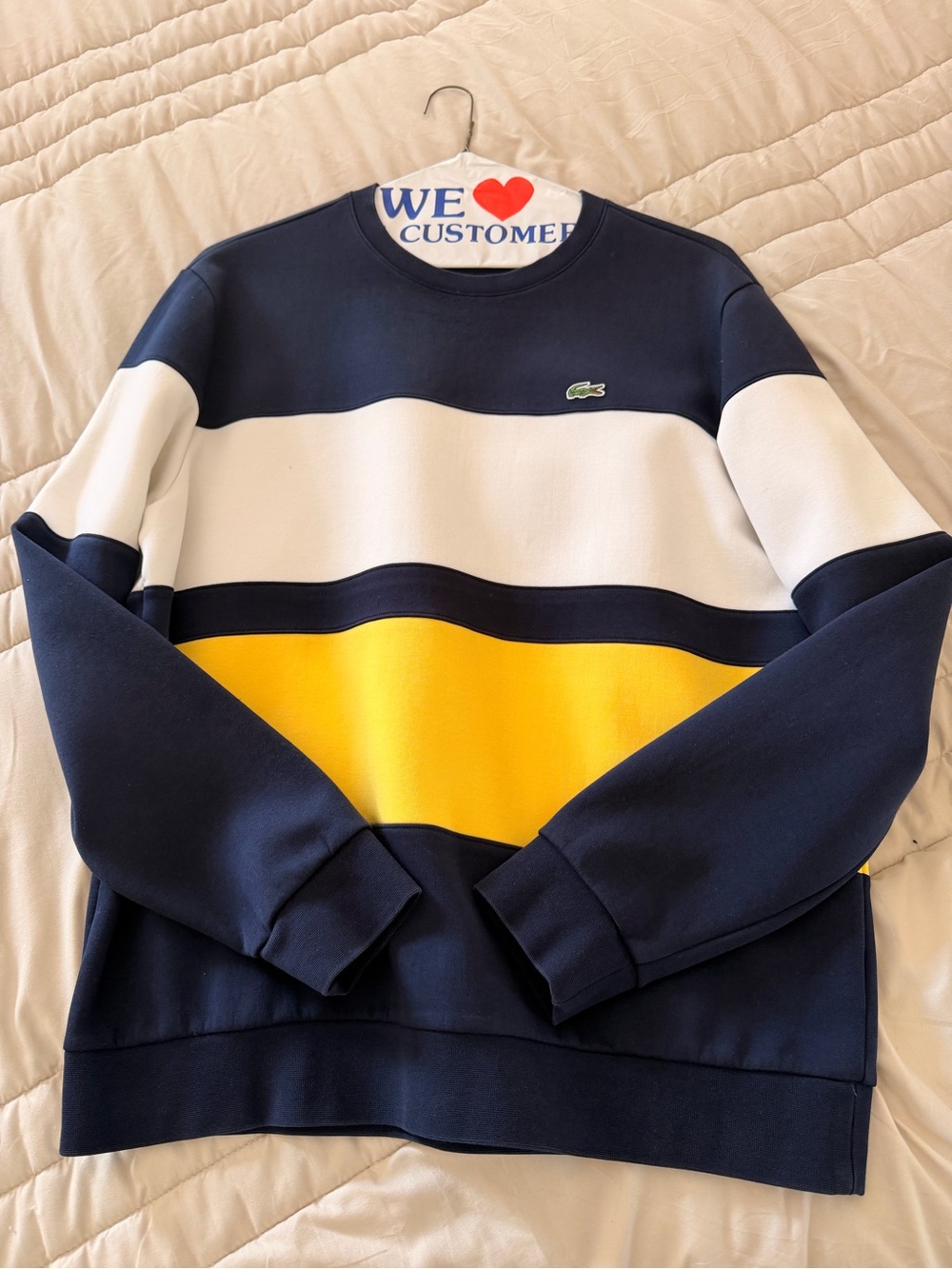 Lacoste Navy, White & Yellow Striped Crewneck Sweater